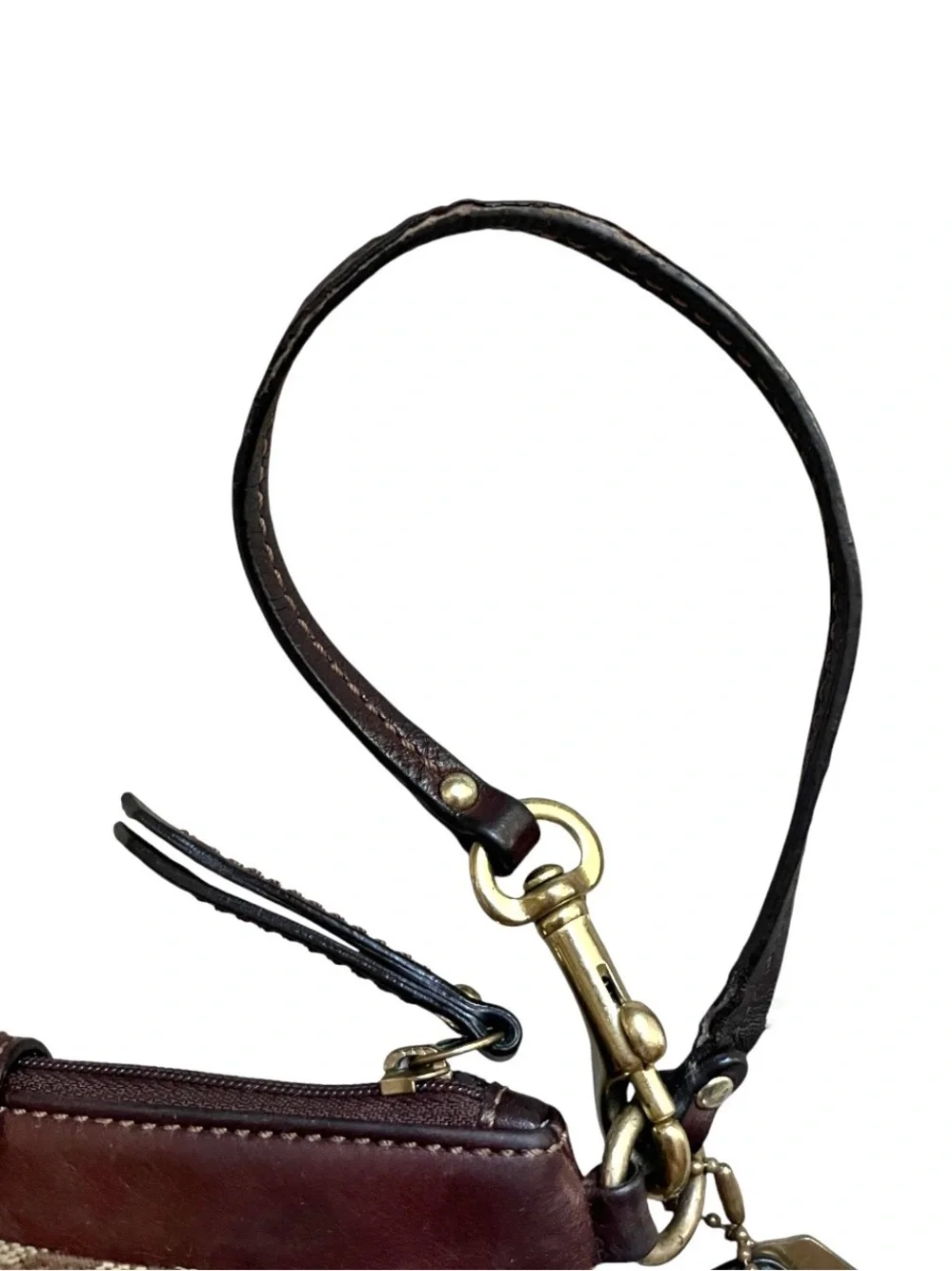 Vintage Coach Signature Brown/Tan Canvas and Leather Turnlock Pouchette Wristlet